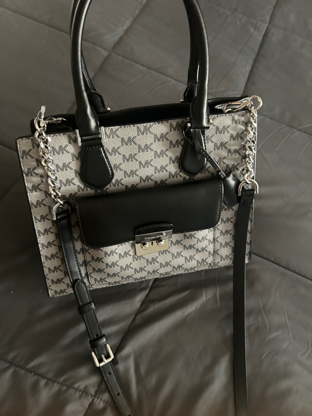 Michael Kors Black and Gray MK Signature Satchel with Chain Strap